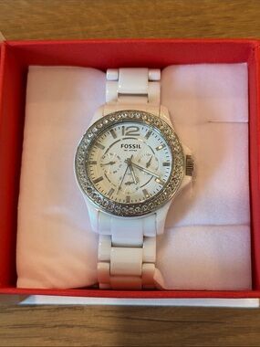 Fossil White Ceramic Watch with Faux Diamond Pave